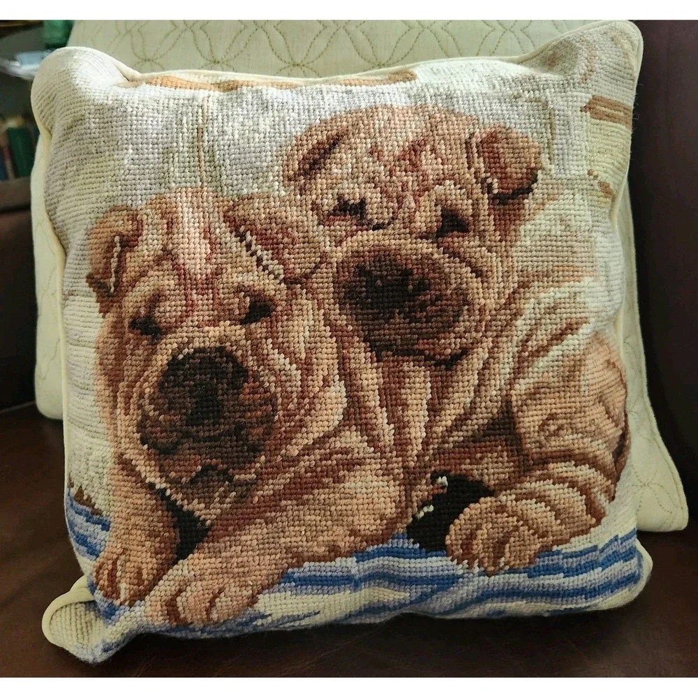 Precious Pair of SHAR-PEI Dogs Needlepoint Pillow 12